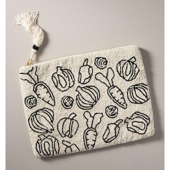 Anthropologie Handbags - Anthropologie The Fiona Large Beaded Pouch White Black Graphic Veggie Print